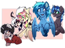 Size: 4200x3123 | Tagged: safe, artist:annakitsun3, derpibooru import, oc, oc:berry limeade, oc:fever dream, oc:idle thoughts, oc:lock down, oc:umami stale, unofficial characters only, bat pony, pegasus, pony, unicorn, afro, cloven hooves, simple background, sweatshirt, transparent background