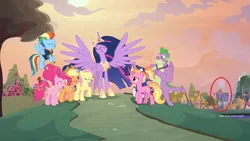 Size: 2560x1440 | Tagged: alicorn, applejack, derpibooru import, dragon, edit, edited screencap, fluttershy, gigachad spike, luster dawn, mane seven, mane six, older, older applejack, older fluttershy, older mane seven, older mane six, older pinkie pie, older rainbow dash, older rarity, older spike, older twilight, pinkie pie, ponyville, princess twilight 2.0, rainbow dash, rarity, red circle, safe, screencap, spike, the last problem, twilight's castle, twilight sparkle, twilight sparkle (alicorn), winged spike