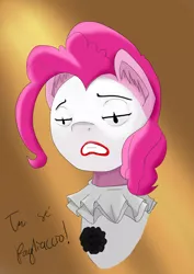 Size: 1754x2480 | Tagged: safe, artist:mediocre, derpibooru import, pinkie pie, pony, clown, pagliacci costume, sad, simple background