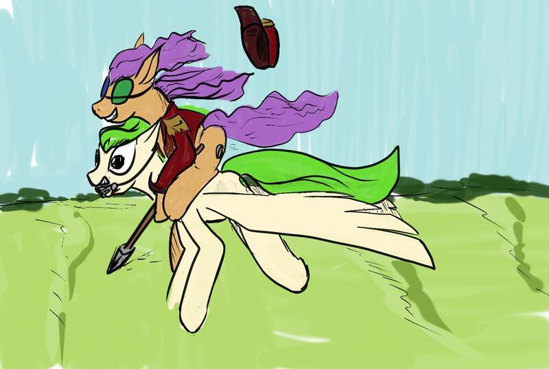 Size: 1485x1000 | Tagged: safe, artist:cammy, derpibooru import, oc, oc:lettuce leaf, oc:seaweed, unofficial characters only, pony, clothes, cyoa, cyoa:cirquesque, flying, grass, grass field, ponies riding ponies, riding, riding a pony, spear, weapon