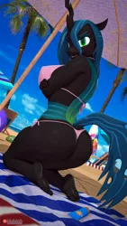 Size: 1080x1920 | Tagged: suggestive, alternate version, artist:muhjob, derpibooru import, queen chrysalis, anthro, changeling, changeling queen, plantigrade anthro, 3d, ass, barefoot, beach, beach umbrella, big breasts, bikini, breasts, bugbutt, busty queen chrysalis, butt, clothes, commission, feet, female, kneeling, large butt, pink swimsuit, rear view, reversalis, solo, solo female, source filmmaker, string bikini, swimsuit, thong swimsuit, toes, wingless, wingless anthro, ych result