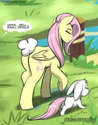 Size: 806x1024 | Tagged: safe, artist:jcosneverexisted, derpibooru import, angel bunny, fluttershy, pegasus, pony, rabbit, she talks to angel, animal, butt, cute, duo, female, happy, male, mare, offscreen character, parody, plot, scene parody, season 9 doodles, shrek the third, shyabetes, tail, tail swap, thought bubble, underhoof, walking