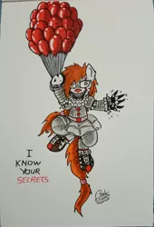 Size: 2368x3478 | Tagged: safe, artist:boyoxhot, derpibooru import, oc, oc:penny-pen, earth pony, pony, balloon, claws, clothes, clown, cosplay, costume, creepy, creepy smile, fangs, female, horror, it, looking at you, mare, pennywise, red balloon, smiling, solo, wall eyed
