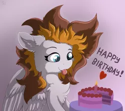 Size: 2539x2245 | Tagged: safe, artist:nighty, derpibooru import, oc, unofficial characters only, pegasus, pony, :p, birthday, birthday cake, cake, cheek fluff, chest fluff, colored pupils, ear fluff, female, fluffy, food, simple background, solo, spread wings, text, tongue out, wings