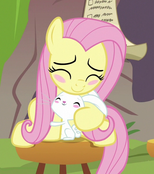 Size: 527x593 | Tagged: safe, derpibooru import, screencap, angel bunny, fluttershy, pony, rabbit, she talks to angel, angelbetes, animal, blush sticker, blushing, cropped, cute, daaaaaaaaaaaw, duo, eyes closed, female, hug, male, mare, shyabetes, sitting, stool, wholesome