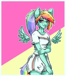 Size: 3424x3915 | Tagged: safe, artist:pitchyy, derpibooru import, rainbow dash, anthro, pegasus, 80s, :p, breasts, clothes, delicious flat chest, floating wings, high res, looking at you, midriff, pop, rainbow flat, shorts, solo, tongue out, wings