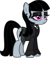 Size: 1047x1211 | Tagged: safe, artist:lightningbolt, derpibooru import, oc, oc:goth lass, unofficial characters only, earth pony, pony, .svg available, bags under eyes, choker, clothes, dyed mane, dyed tail, ear piercing, earring, eyeliner, eyeshadow, female, frown, gem, goth, jewelry, lidded eyes, long sleeves, makeup, mare, mother, piercing, shirt, simple background, skirt, solo, svg, transparent background, transparent skirt, undershirt, vector
