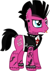 Size: 1048x1473 | Tagged: safe, artist:lightningbolt, derpibooru import, oc, oc:punk dude, unofficial characters only, earth pony, pony, .svg available, anarchy, bridge piercing, clothes, dyed mane, dyed tail, ear piercing, earring, eyebrow piercing, eyeliner, father, gauges, jacket, jewelry, leather jacket, lip piercing, makeup, male, mohawk, neck piercing, nose piercing, piercing, punk, safety pin, shirt, simple background, sleeveless, snake bites, solo, stallion, studded bracelet, svg, tail band, tattoo, tongue out, tongue piercing, transparent background, undershirt, vector