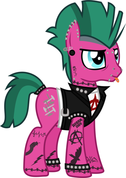 Size: 1048x1473 | Tagged: safe, artist:lightningbolt, derpibooru import, oc, oc:punk dude, unofficial characters only, earth pony, pony, .svg available, anarchy, bridge piercing, clothes, ear piercing, earring, eyebrow piercing, eyeliner, father, gauges, jacket, jewelry, leather jacket, lip piercing, makeup, male, mohawk, natural hair color, neck piercing, nose piercing, piercing, punk, safety pin, shirt, simple background, sleeveless, snake bites, solo, stallion, studded bracelet, svg, tail band, tattoo, tongue out, tongue piercing, transparent background, undershirt, vector