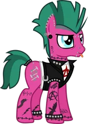Size: 1048x1473 | Tagged: safe, artist:lightningbolt, derpibooru import, oc, oc:punk dude, unofficial characters only, earth pony, pony, .svg available, anarchy, bridge piercing, clothes, ear piercing, earring, eyebrow piercing, eyeliner, father, gauges, jacket, jewelry, leather jacket, lip piercing, makeup, male, mohawk, natural hair color, neck piercing, nose piercing, piercing, punk, safety pin, shirt, simple background, sleeveless, snake bites, solo, stallion, studded bracelet, svg, tail band, tattoo, tongue out, tongue piercing, transparent background, undershirt, vector