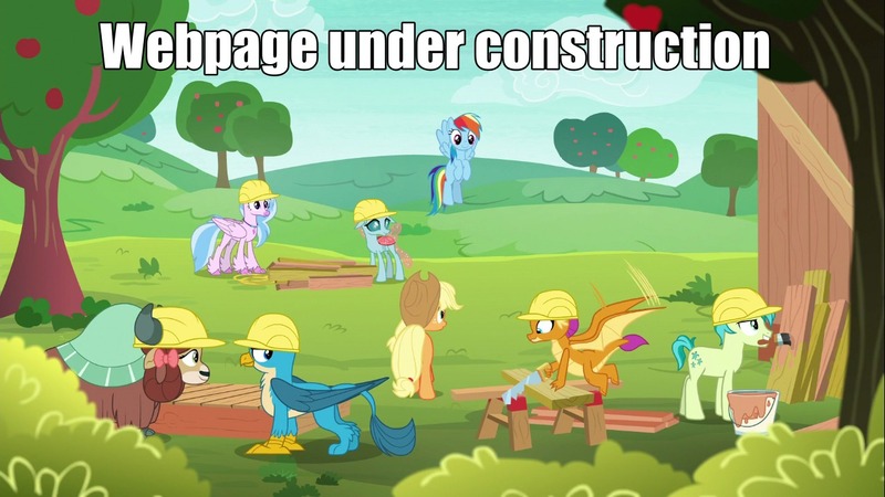 Size: 1280x720 | Tagged: safe, derpibooru import, edit, edited screencap, screencap, applejack, gallus, ocellus, rainbow dash, sandbar, silverstream, smolder, yona, non-compete clause, apple, apple tree, brush, construction, hammer, hard hat, meme, saw, student six, tree, under construction, webpage, website