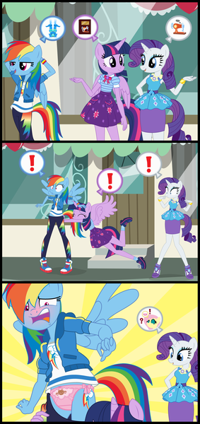 Size: 4344x9200 | Tagged: safe, artist:evilfrenzy, derpibooru import, fluttershy, rainbow dash, rarity, twilight sparkle, twilight sparkle (alicorn), alicorn, anthro, equestria girls, equestria girls series, accidental exposure, assisted exposure, blushing, clothes, comic, converse, embarrassed, embarrassed underwear exposure, face print underwear, female, humiliation, panties, panties pulled down, pink underwear, ribbon, shoes, sneakers, underwear