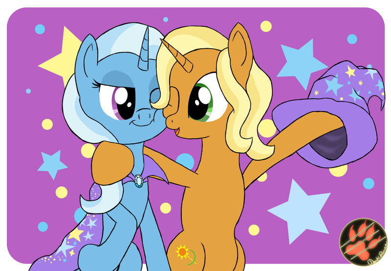 Size: 3200x2223 | Tagged: safe, artist:darkprinceismyname, derpibooru import, sunflower spectacle, trixie, pony, unicorn, abstract background, duo, duo female, female, like mother like daughter, mare, mother and child, mother and daughter, smiling