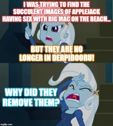 Size: 500x557 | Tagged: suggestive, derpibooru import, trixie, equestria girls, rainbow rocks, caption, female, image macro, implied applecest, implied applejack, implied applemac, implied incest, implied sex, implied shipping, implied straight, meme, solo, text, trixie yells at everything
