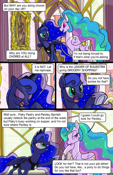 Size: 1989x3072 | Tagged: safe, artist:docwario, derpibooru import, princess celestia, princess luna, alicorn, pony, comic:royal chores, angry, comic, eyes closed, jewelry, necklace, open mouth, royal sisters, speech bubble