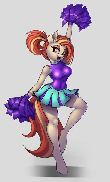 Size: 1500x2487 | Tagged: safe, artist:pony-way, derpibooru import, shimmy shake, anthro, earth pony, unguligrade anthro, 2 4 6 greaaat, armpits, beautiful, bracelet, cheerleader, cheerleader outfit, clothes, cute, ear fluff, female, gray background, jewelry, legs, mare, miniskirt, moe, pleated skirt, pom pom, ponytail, shakeabetes, simple background, skirt, solo, tight clothing