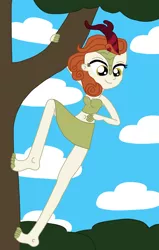 Size: 1484x2328 | Tagged: safe, artist:equestriaguy637, derpibooru import, autumn blaze, kirin, equestria girls, barefoot, belly, belly button, branches, climbing, clothes, cloud, equestria girls-ified, feet, hanging, looking down, midriff, skirt, sky, smiling, solo, stick, tree, tube top
