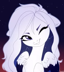 Size: 916x1024 | Tagged: safe, artist:vensual99, derpibooru import, oc, pegasus, pony, bust, ethereal mane, female, mare, night, one eye closed, pegasus oc, rcf community, solo, starry mane, wings, wink