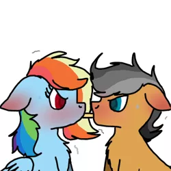 Size: 768x768 | Tagged: alternate hairstyle, artist:primstreak97, blushing, blushing profusely, derpibooru import, female, food, male, pocky, pocky game, quibbledash, quibble pants, rainbow dash, safe, shipping, simple background, straight, white background
