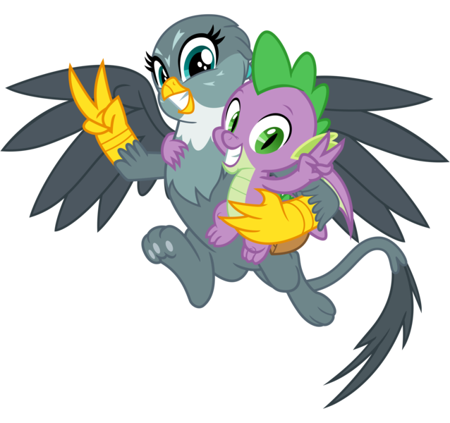 Size: 3400x3200 | Tagged: safe, artist:cheezedoodle96, derpibooru import, gabby, spike, dragon, gryphon, dragon dropped, cute, female, hug, male, paw pads, paws, peace sign, pose, scene interpretation, shipping, simple background, smiling, spabby, straight, svg, .svg available, toe beans, transparent background, underpaw, vector, winged spike