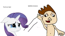Size: 900x509 | Tagged: suggestive, artist:crazyjoez, derpibooru import, rarity, human, pony, unicorn, 1000 hours in ms paint, abuse, background pony strikes again, bully, bullying, crying, downvote bait, female, hitting, male, mare, raribuse, simple background, slap, wat, white background, why