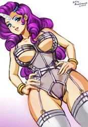 Size: 626x900 | Tagged: artist:minacream, bracelet, breasts, clothes, corset, derpibooru import, female, harness, horn, horned humanization, human, humanized, jewelry, lingerie, looking at you, rarity, solo, suggestive, tack