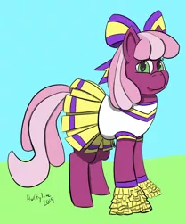 Size: 702x841 | Tagged: safe, artist:huffylime, derpibooru import, cheerilee, earth pony, pony, the cart before the ponies, bow, cheeribetes, cheerileeder, cheerleader, cheerleader outfit, clothes, cute, female, hair bow, mare, pom pom, ribbon