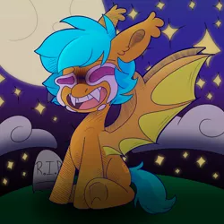 Size: 1000x1000 | Tagged: safe, artist:loopdalamb, derpibooru import, oc, oc:citrine slush, bat, bat pony, vampire, blue, chibi, cloud, crying, cry wank, cute, fluffy, food, fruit, grave, moon, night, orange, pink, sad, scene, sitting, solo, stars