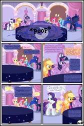 Size: 3254x4838 | Tagged: suggestive, artist:gutovi, derpibooru import, applejack, fluttershy, pinkie pie, princess luna, rainbow dash, rarity, twilight sparkle, twilight sparkle (alicorn), alicorn, earth pony, pegasus, pony, unicorn, comic:why me!?, alternate ending, applejack gets all the mares, bed, carousel boutique, comic, curtains, female, glowing horn, harem, horn, lesbian, mane six, omniship, polyamory, polygamy, shipping, show accurate, show accurate porn, sticky note, teleportation, window