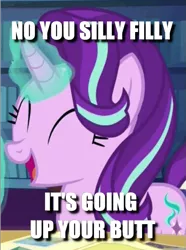 Size: 461x618 | Tagged: caption, cropped, derpibooru import, edit, edited screencap, every little thing she does, eyes closed, glowing horn, horn, image macro, implied anal insertion, implied insertion, right up the butt, screencap, solo, starlight glimmer, suggestive, text