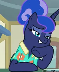 Size: 500x612 | Tagged: safe, derpibooru import, screencap, princess luna, pony, between dark and dawn, clothes, cropped, cute, hawaiian shirt, hoof on chin, lidded eyes, lunabetes, post office, shirt, smiling, solo