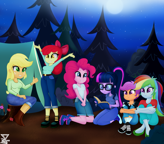 Size: 2000x1760 | Tagged: safe, artist:theretroart88, derpibooru import, part of a set, apple bloom, applejack, pinkie pie, rainbow dash, sci-twi, scootaloo, twilight sparkle, human, equestria girls, book, camper, camping, clothes, converse, freckles, full moon, glasses, moon, night, pants, requested art, shoes, sneakers, stars, tent, tree