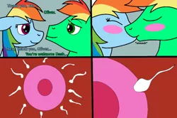 Size: 968x643 | Tagged: suggestive, artist:didgereethebrony, derpibooru import, rainbow dash, oc, oc:oliver, pony, comic:rainbow dash x oliver, aftersex, an egg being attacked by sperm, blushing, canon x oc, comic, egg cell, implied sex, impregnation, kissing, lidded eyes, looking at each other, olidash, sperm cell, spermatozoon, this will end in pregnancy