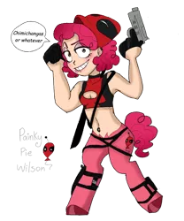 Size: 768x922 | Tagged: artist:unoriginai, boob window, crossover, crossover shipping, deadpool, derpibooru import, female, fourth wall, gun, looking at you, male, mask, oc, oc:painkie, offspring, parent:deadpool, parent:pinkie pie, parents:pinkiepool, pinkie pie, pinkiepool, pinkiepool (pairing), safe, satyr, shipping, speech bubble, straight, talking to viewer, weapon