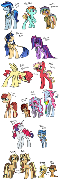 Size: 2000x6000 | Tagged: safe, artist:fallen--fate, derpibooru import, oc, oc:apple, oc:apple blossom, oc:apple oak, oc:apple spice, oc:blooming stitch, oc:bubble gum, oc:caramel jr., oc:cloud candy, oc:clouded moon, oc:coffee cream caramel, oc:sky blast, oc:starset sun, oc:storm drift, oc:sugar pie, oc:sugar rocks, oc:swift evasion, oc:time lord, unofficial characters only, alicorn, earth pony, pegasus, pony, unicorn, adopted offspring, alicorn oc, beard, bowtie, clothes, compass, ethereal mane, facial hair, female, freckles, glasses, goggles, half-siblings, horn, male, mare, neckerchief, next generation, offspring, parent:applejack, parent:big macintosh, parent:caramel, parent:cheese sandwich, parent:flash sentry, parent:fluttershy, parent:pinkie pie, parent:pokey pierce, parent:quibble pants, parent:rainbow dash, parent:rarity, parent:soarin', parent:twilight sparkle, parent:unknown, parent:zephyr breeze, parents:carajack, parents:cheesepie, parents:flashlight, parents:fluttermac, parents:pokeypie, parents:quibbledash, parents:soarindash, parents:zephdash, ribbon, scarf, simple background, stallion, starry mane, tongue out, transparent background, unshorn fetlocks, wings