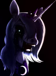 Size: 1233x1674 | Tagged: artist needed, source needed, semi-grimdark, derpibooru import, princess luna, alicorn, pony, loony luna, black sclera, bust, drool, fangs, female, hair over one eye, looking at you, portrait, s1 luna, shrunken pupils, smiling, solo