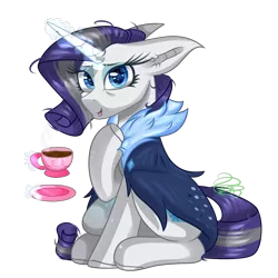 Size: 2000x2000 | Tagged: safe, artist:redheartponiesfan, derpibooru import, rarity, pony, the last problem, clothes, coat, coffee, cup, eyeshadow, female, food, glowing horn, horn, magic, makeup, mare, older, open mouth, raised hoof, simple background, solo, tea, teacup, transparent background