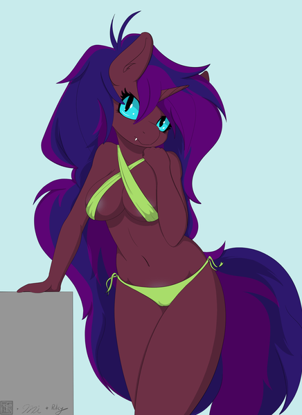 Size: 1759x2420 | Tagged: questionable, artist:miaowwww, derpibooru import, oc, oc:feiya waull, unofficial characters only, anthro, unicorn, anthro oc, bikini, breasts, cameltoe, clothes, fangs, female, green swimsuit, mare, solo, solo female, swimsuit