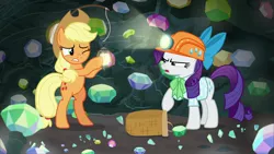 Size: 1920x1080 | Tagged: safe, derpibooru import, screencap, applejack, rarity, pony, dragon dropped, basket, gem cave, helmet, lantern, mining helmet