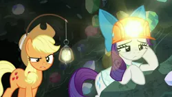 Size: 1920x1080 | Tagged: safe, derpibooru import, screencap, applejack, rarity, pony, dragon dropped, gem cave, helmet, lantern, mining helmet