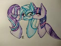 Size: 4160x3120 | Tagged: safe, artist:hiroultimate, derpibooru import, starlight glimmer, trixie, twilight sparkle, twilight sparkle (alicorn), alicorn, pony, unicorn, female, kiss on the cheek, kissing, lesbian, polyamory, shipping, startrix, traditional art, twixie, twixstar, wavy mouth