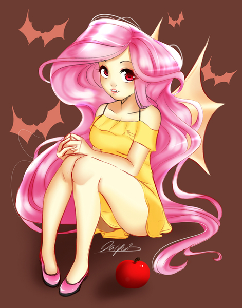 Size: 1100x1400 | Tagged: safe, artist:datpon3, derpibooru import, fluttershy, bat pony, human, adorasexy, apple, bat ponified, clothes, cute, dress, flutterbat, food, humanized, large voluminous hair, legs, looking at you, race swap, red eyes, schrödinger's pantsu, sexy, shoes, shyabetes, solo, sundress, winged humanization, wings