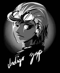 Size: 648x792 | Tagged: safe, artist:ilacavgbmjc, derpibooru import, indigo zap, equestria girls, bust, female, goggles, grayscale, monochrome, portrait, solo