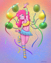 Size: 800x1000 | Tagged: safe, artist:empyu, derpibooru import, pinkie pie, equestria girls, adorasexy, armpits, balloon, breasts, busty pinkie pie, clothes, cute, diapinkes, female, legs, miniskirt, missing shoes, sexy, skirt, smiling, socks, streamers, striped socks, thighs