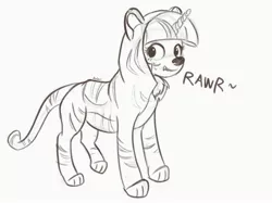 Size: 2399x1799 | Tagged: safe, artist:blackligerth, derpibooru import, twilight sparkle, big cat, pony, tiger, black and white, clothes, costume, cute, fangs, female, grayscale, mare, monochrome, rawr, simple background, sketch, solo, species swap, twiabetes, twiger, white background