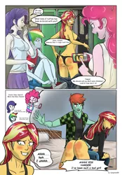 Size: 1516x2177 | Tagged: suggestive, artist:symptom99, derpibooru import, pinkie pie, rainbow dash, rarity, sunset shimmer, oc, oc:ruby sword, equestria girls, ass, blushing, breasts, bunset shimmer, butt, canon x oc, clothes, comic, embarrassed, exposure, female, humiliation, image, looking back, looking over shoulder, male, over the knee, pants, pants down, png, spank mark, spanked, spanking, straight, sunsword, undressing