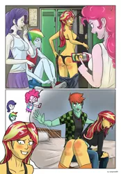 Size: 1516x2177 | Tagged: suggestive, artist:symptom99, derpibooru import, pinkie pie, rainbow dash, rarity, sunset shimmer, oc, oc:ruby sword, equestria girls, blushing, breasts, bunset shimmer, butt, canon x oc, clothes, comic, embarrassed, exposure, humiliation, image, looking back, looking over shoulder, over the knee, pants, pants down, png, spank mark, spanked, spanking, sunsword, undressing