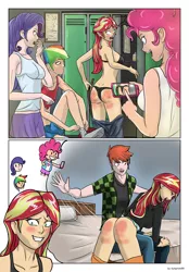 Size: 1516x2177 | Tagged: suggestive, artist:symptom99, derpibooru import, pinkie pie, rainbow dash, rarity, sunset shimmer, oc, oc:ruby sword, equestria girls, black underwear, blushing, bra, breasts, bunset shimmer, butt, canon x oc, clothes, comic, embarrassed, exposure, humiliation, image, looking back, looking over shoulder, midriff, nervous, over the knee, panties, pants, pants down, png, red butt, reddened butt, skirt, skirt pull, spank mark, spanked, spanking, sunsword, tanktop, thong, underwear, undressing