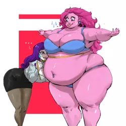 Size: 2700x2693 | Tagged: artist:bimbo sparkles, bbw, belly, belly button, belly piercing, big belly, big breasts, blushing, bra, breasts, busty pinkie pie, busty rarity, chubbie pie, chubby, cleavage, clothes, commission, derpibooru import, fat, high res, huge belly, huge breasts, human, humanized, large belly, measuring tape, obese, panties, piggy pie, pinkie pie, pony coloring, pudgy pie, rarity, size difference, ssbbw, suggestive, sweat, underwear