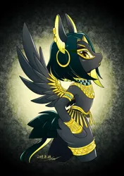 Size: 1440x2048 | Tagged: safe, artist:bbtasu, derpibooru import, oc, unofficial characters only, pegasus, pony, anubis, bipedal, ear piercing, earring, egyptian, female, gold, jewelry, mare, monster mare, piercing, solo